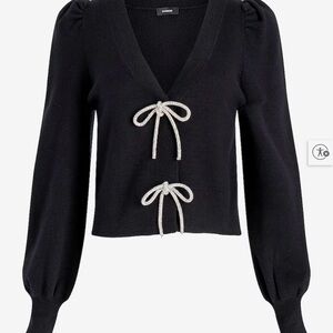 Express Black V-Neck Knit Cardigan with Silver Bow Ties